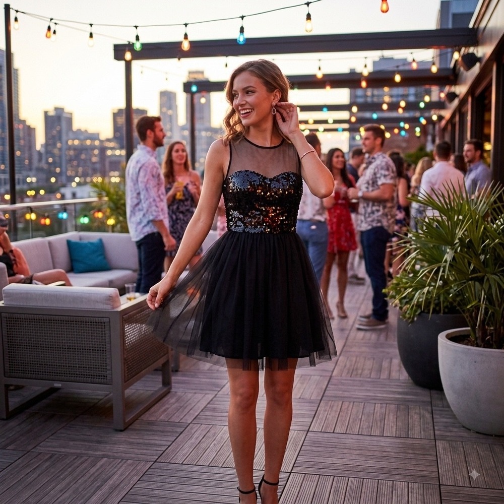 Womens Black Sequin Tulle Mesh‎ Cocktail Party Dress Size 0 whimsygoth, romantic